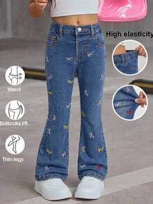 Young Girl Girls' Colorful Bow Embroidery Pattern Dark Blue Denim Stretch Skinny Flare Pants - Blue - View 9