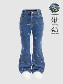 Young Girl Girls' Colorful Bow Embroidery Pattern Dark Blue Denim Stretch Skinny Flare Pants - Blue - View 4