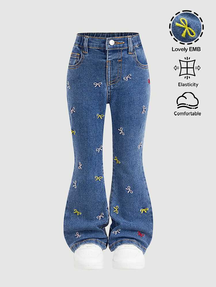 Young Girl Girls' Colorful Bow Embroidery Pattern Dark Blue Denim Stretch Skinny Flare Pants - Blue - View 4