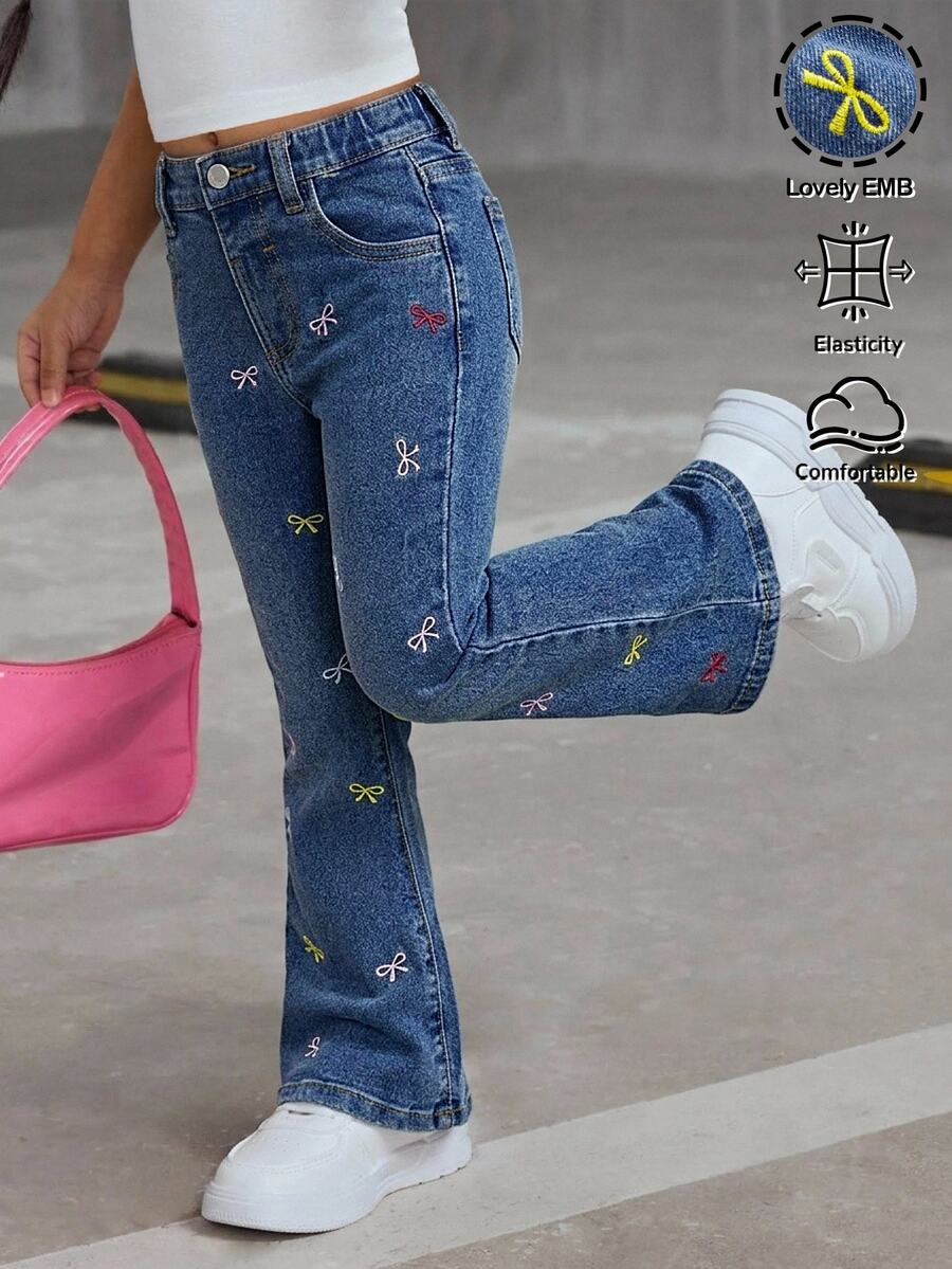 Young Girl Girls' Colorful Bow Embroidery Pattern Dark Blue Denim Stretch Skinny Flare Pants - Blue - View 1