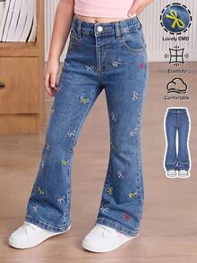 Young Girl Girls' Colorful Bow Embroidery Pattern Dark Blue Denim Stretch Skinny Flare Pants - Blue - View 11
