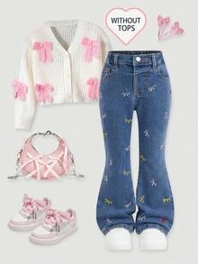 Young Girl Girls' Colorful Bow Embroidery Pattern Dark Blue Denim Stretch Skinny Flare Pants - Blue - View 3