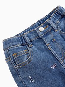 Young Girl Girls' Colorful Bow Embroidery Pattern Dark Blue Denim Stretch Skinny Flare Pants - Blue - View 5