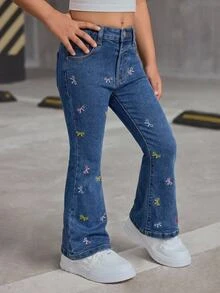 Young Girl Girls' Colorful Bow Embroidery Pattern Dark Blue Denim Stretch Skinny Flare Pants - Blue - View 10