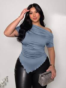 Firerie Women's Plus Size Solid Color Ruched Slim Fit Versatile Casual T-Shirt - Blue - View 7