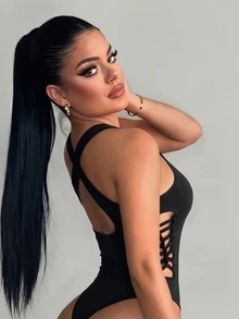 SHEIN SXY Plus Size Women Solid Color Casual Daily Bodysuit - Black - View 4