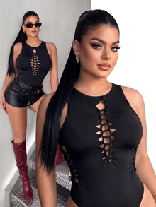 SHEIN SXY Plus Size Women Solid Color Casual Daily Bodysuit - Black - View 5