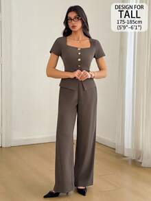 SHEIN Tall Square Neck Button Front Tee & Wide Leg Pants - Coffee Brown - View 8