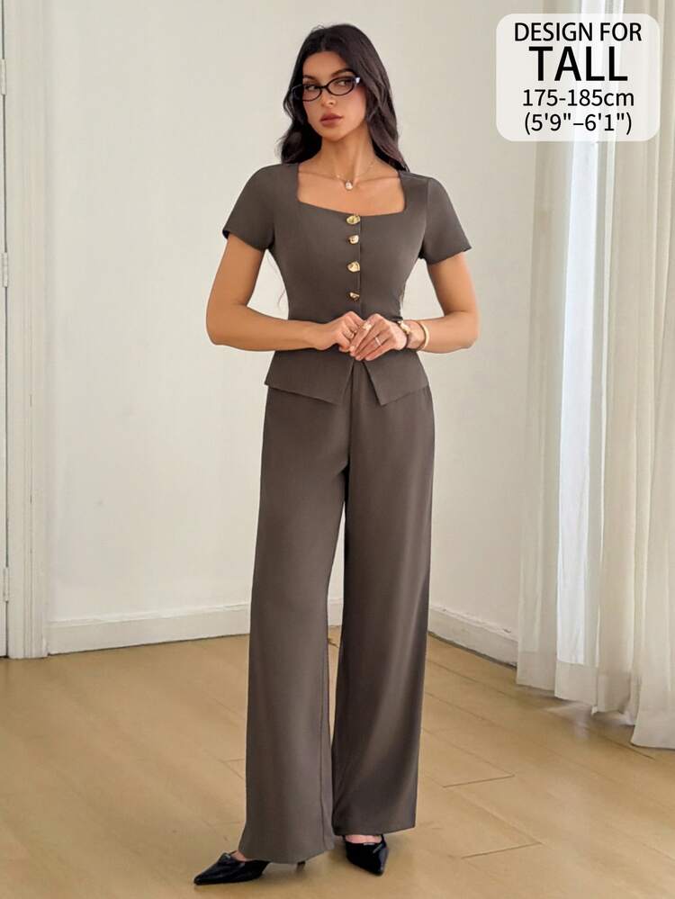 SHEIN Tall Square Neck Button Front Tee & Wide Leg Pants - Coffee Brown - View 8