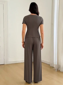 SHEIN Tall Square Neck Button Front Tee & Wide Leg Pants - Coffee Brown - View 2