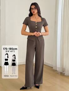 SHEIN Tall Square Neck Button Front Tee & Wide Leg Pants - Coffee Brown - View 1