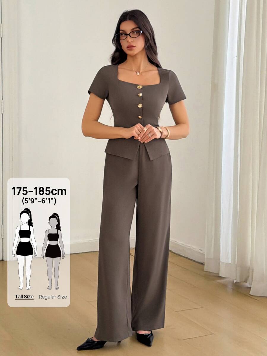 SHEIN Tall Square Neck Button Front Tee & Wide Leg Pants - Coffee Brown - View 1