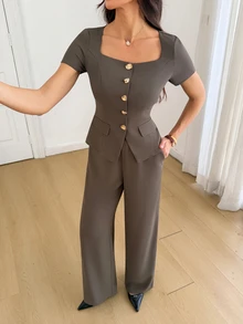 SHEIN Tall Square Neck Button Front Tee & Wide Leg Pants - Coffee Brown - View 3