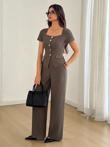 SHEIN Tall Square Neck Button Front Tee & Wide Leg Pants - Coffee Brown - View 4