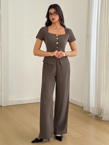 SHEIN Tall Square Neck Button Front Tee & Wide Leg Pants - Coffee Brown - View 7