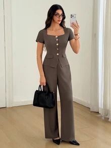 SHEIN Tall Square Neck Button Front Tee & Wide Leg Pants - Coffee Brown - View 6