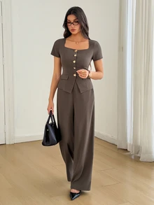 SHEIN Tall Square Neck Button Front Tee & Wide Leg Pants - Coffee Brown - View 5