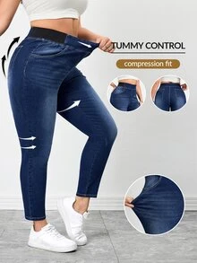 SHEIN Tall CURVE 春夏女式加大码口袋舒适高弹面料运动瑜伽休闲弹力腰休闲牛仔裤 - 中等水洗藍 - 查看 8