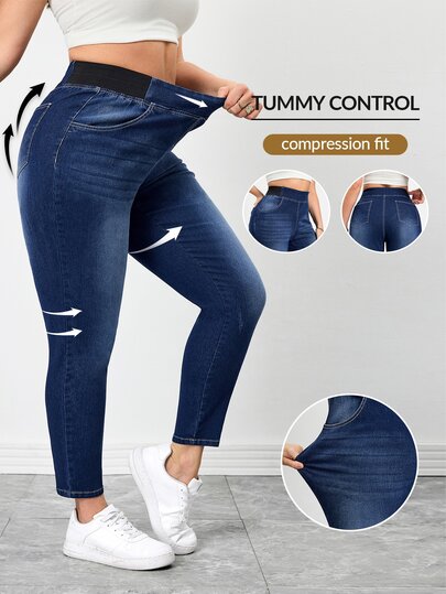 SHEIN Tall CURVE 春夏女式加大码口袋舒适高弹面料运动瑜伽休闲弹力腰休闲牛仔裤