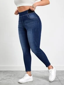 SHEIN Tall CURVE 春夏女式加大码口袋舒适高弹面料运动瑜伽休闲弹力腰休闲牛仔裤 - 中等水洗藍 - 查看 3