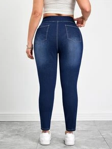 SHEIN Tall CURVE 春夏女式加大码口袋舒适高弹面料运动瑜伽休闲弹力腰休闲牛仔裤 - 中等水洗藍 - 查看 2