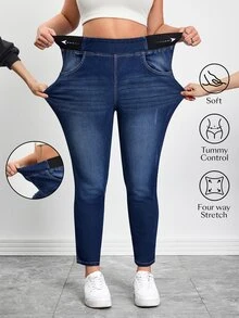 SHEIN Tall CURVE 春夏女式加大码口袋舒适高弹面料运动瑜伽休闲弹力腰休闲牛仔裤 - 中等水洗藍 - 查看 1