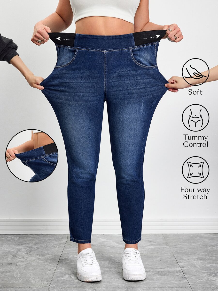 SHEIN Tall CURVE 春夏女式加大码口袋舒适高弹面料运动瑜伽休闲弹力腰休闲牛仔裤 - 中等水洗藍 - 查看 1