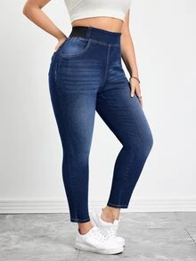 SHEIN Tall CURVE 春夏女式加大码口袋舒适高弹面料运动瑜伽休闲弹力腰休闲牛仔裤 - 中等水洗藍 - 查看 4