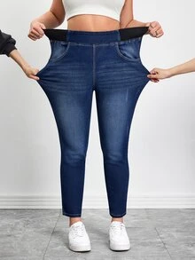 SHEIN Tall CURVE 春夏女式加大码口袋舒适高弹面料运动瑜伽休闲弹力腰休闲牛仔裤 - 中等水洗藍 - 查看 7