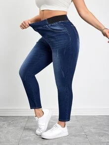 SHEIN Tall CURVE 春夏女式加大码口袋舒适高弹面料运动瑜伽休闲弹力腰休闲牛仔裤 - 中等水洗藍 - 查看 5