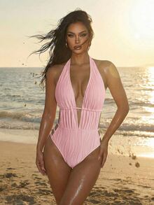 SHEIN Swim 女士纯色褶皱连体泳衣，适合海滩度假、泳池派对、沙滩派对 - 粉色 - 查看 3