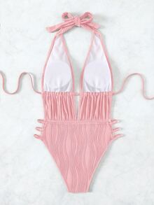 SHEIN Swim 女士纯色褶皱连体泳衣，适合海滩度假、泳池派对、沙滩派对 - 粉色 - 查看 7
