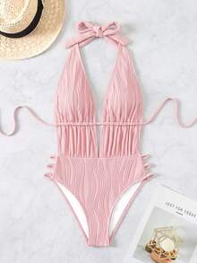 SHEIN Swim 女士纯色褶皱连体泳衣，适合海滩度假、泳池派对、沙滩派对 - 粉色 - 查看 4