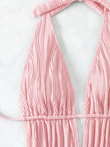SHEIN Swim 女士纯色褶皱连体泳衣，适合海滩度假、泳池派对、沙滩派对 - 粉色 - 查看 6