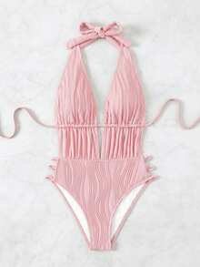 SHEIN Swim 女士纯色褶皱连体泳衣，适合海滩度假、泳池派对、沙滩派对 - 粉色 - 查看 8