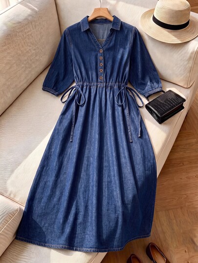 Rusticease Women's Denim Maxi Dress,A-Line Maxi Dress,Brunch Outfit,Drawstring Waist Dress,Puff Sleeve Dress,Vacation,Chic,Halloween,Christmas,Party ,Blue Dresse