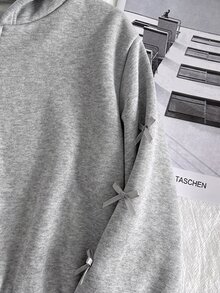SHEIN 青少年女孩寬鬆休閒極簡舒適日常街頭風長袖衛衣秋季外套 白色返校季 - 灰色 - 查看 7