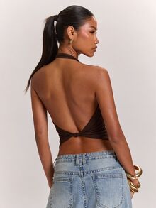 SHEIN BAE 秋冬女款針織純色棕色休閒通勤掛脖露背扭結性感實用背心，適合休閒通勤 - 棕色 - 查看 6