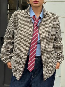 Dazy Plus Plus Size Thermal-Lined Wool Blend Loose Fit Business Casual Argyle Pattern Brown Colorblock Patchwork Outdoor Streetwear Regular Jacket Fall - Brown - View 14