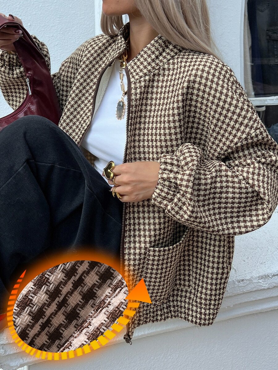 Dazy Plus Plus Size Thermal-Lined Wool Blend Loose Fit Business Casual Argyle Pattern Brown Colorblock Patchwork Outdoor Streetwear Regular Jacket Fall Plaid - Brown - View 1