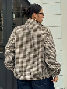 Dazy Plus Plus Size Thermal-Lined Wool Blend Loose Fit Business Casual Argyle Pattern Brown Colorblock Patchwork Outdoor Streetwear Regular Jacket Fall - Brown - View 15
