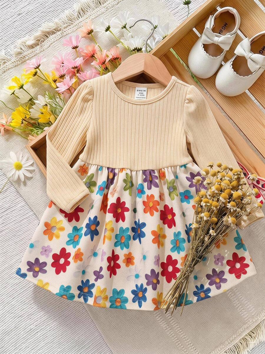SHEIN Baby Girl Baby Girl Knitted Floral Print Contrast Color Long Sleeve Dress, Suitable For Autumn, Casual Fashion Versatile - Multicolor - View 1