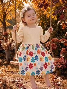 SHEIN Baby Girl Baby Girl Knitted Floral Print Contrast Color Long Sleeve Dress, Suitable For Autumn, Casual Fashion Versatile - Multicolor - View 2