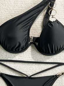 Swim SXY Women Bikini Sets Rantai Memotong Cincin Plain Seksi - Hitam - View 4