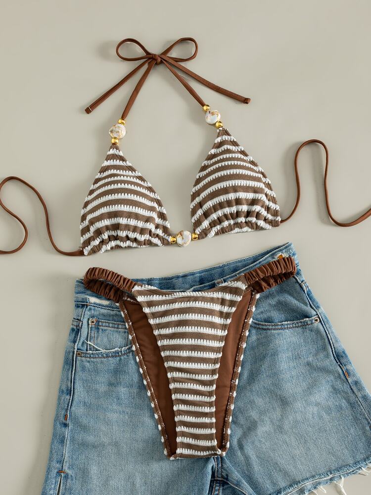 SHEIN Swim 夏季春夏新款性感棕色與白色條紋三角細肩帶比基尼套裝，甜美女孩風，小胸顯大，修身顯瘦，時尚比基尼搭配獨特珠飾配件，三角上衣，海灘度假、溫泉、蜜月、休閒假期泳裝，夏季半日穿搭比基尼 - 彩色 - 查看 4