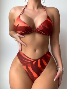 SHEIN Swim Summer Beach Random Tropical Printed Triangle Cup Bikini Bathing Suit Set With Cover Up - Multicolor - View 4