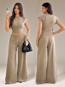 SHEIN Tall Solid Crop Sweater Vest & Wide Leg Knit Pants - Brown - View 9