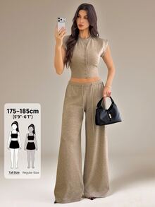 SHEIN Tall Solid Crop Sweater Vest & Wide Leg Knit Pants - Brown - View 2