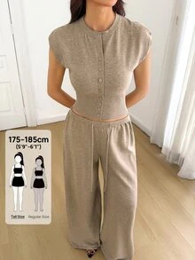 SHEIN Tall Solid Crop Sweater Vest & Wide Leg Knit Pants - Brown - View 3