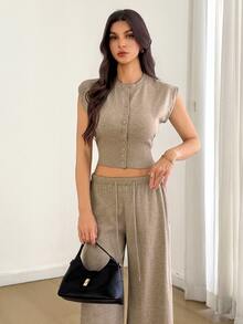 SHEIN Tall Solid Crop Sweater Vest & Wide Leg Knit Pants - Brown - View 6